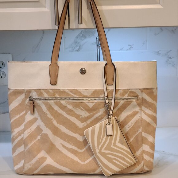 Coach Handbags - Coach Set Zebra Print Extra Large Canvas Resort Tote Bag with Wristlet